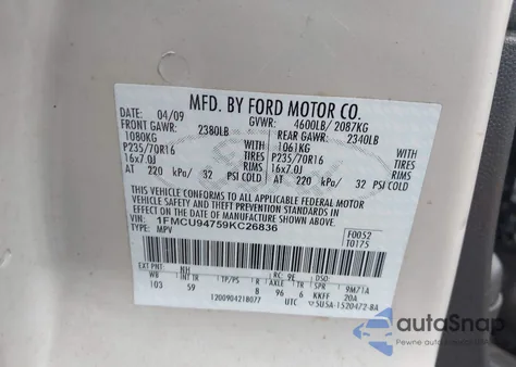 2009 Ford Escape Limited z USA, uszkodzony, nr VIN 1FMCU94759KC26836